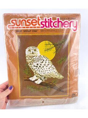 Vintage 70s Cross Stitch kit, "Great Snowy Owl", by Sunset Stitchery, new, open